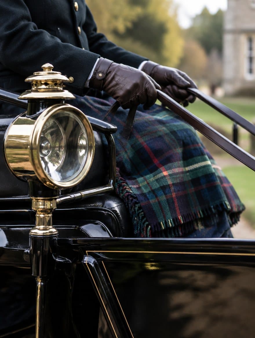Gloved hands on the reins beside a brass carriage lamp