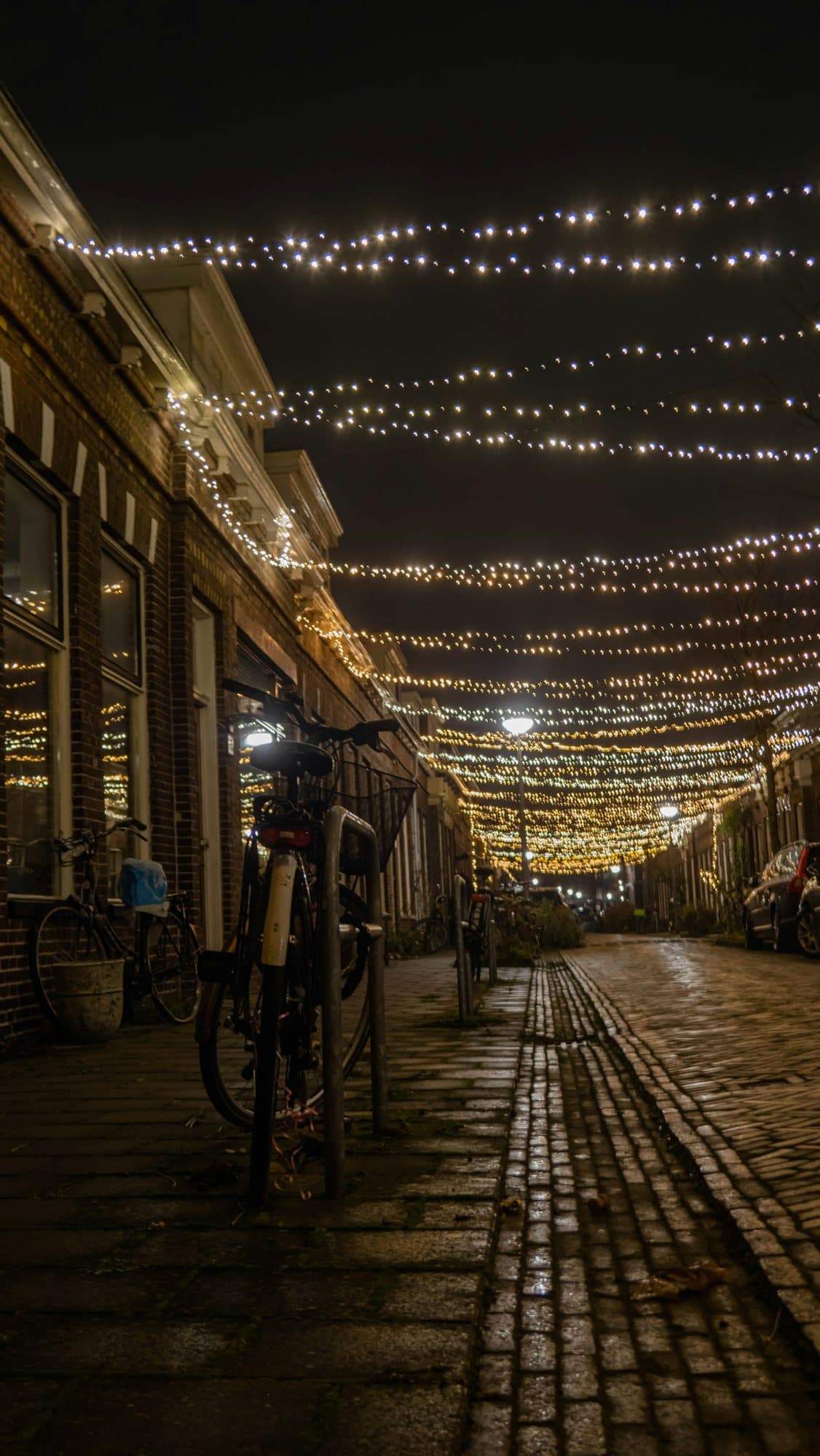 A cobbled Dublin lane strung with festive lights at night