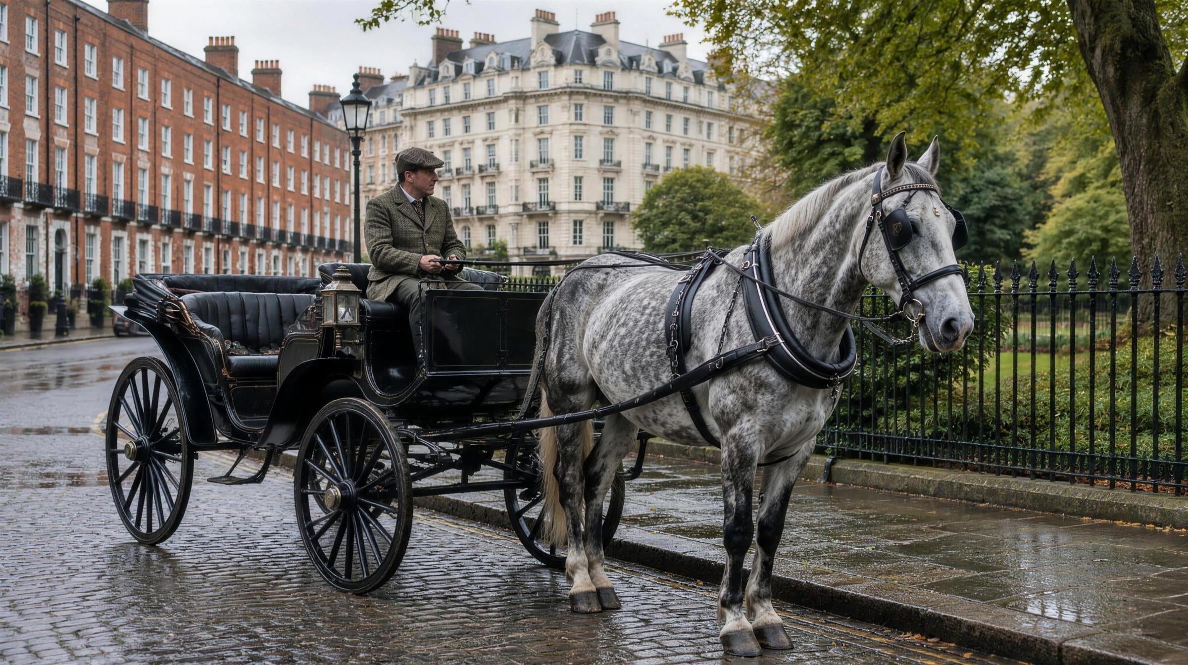 A driver and dappled grey horse with a black carriage waiting at the kerb on St. Stephen's Green North
