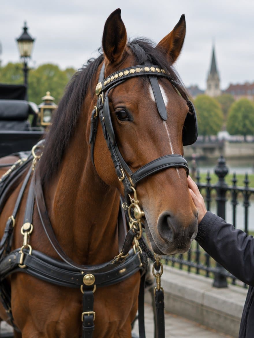 A bay carriage horse in harness with a handler's hand on its neck