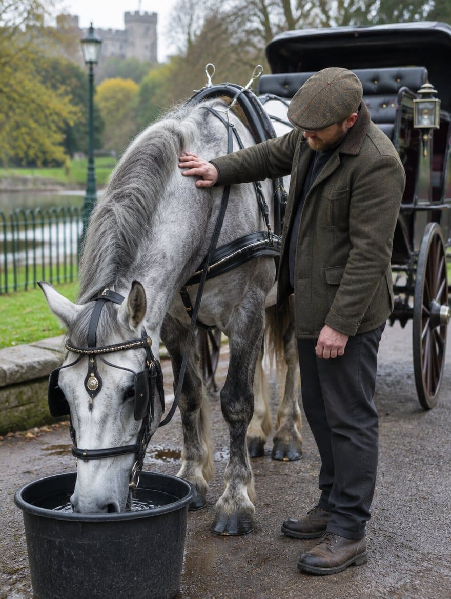 A grey carriage horse drinking from a bucket while its handler strokes its neck