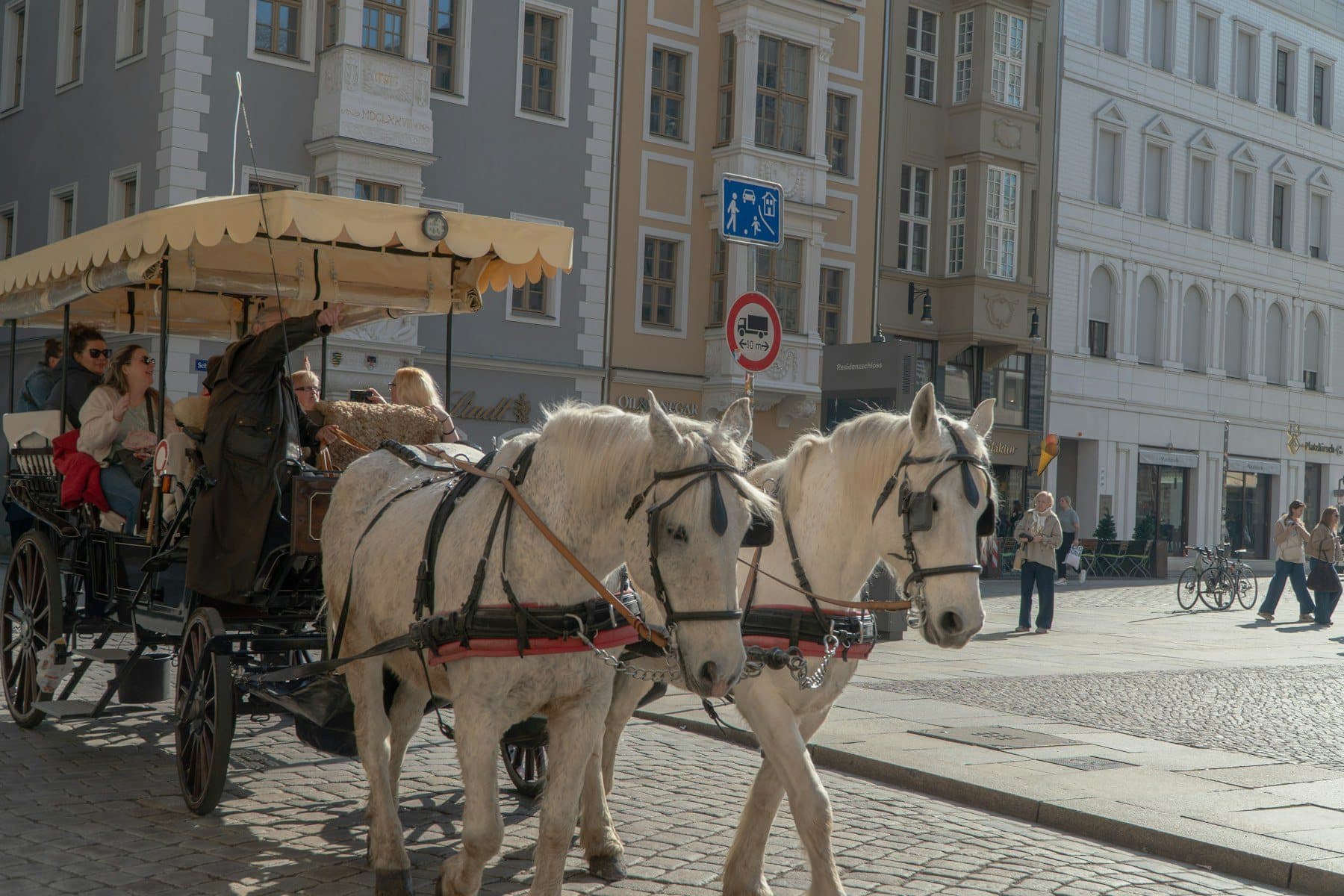 Two white horses pulling an open carriage with passengers through a city street